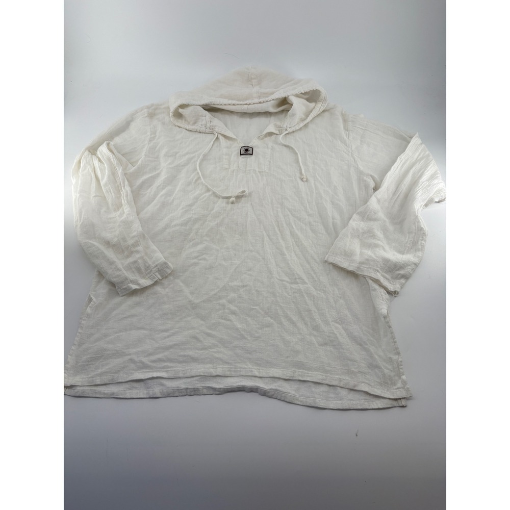 White Cotton Gauze Beach Hoodie Pullover Sun Patch Mens 2XL Boho Hippie Festival